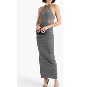 Herve Leger Textured Sheer Bustier Halter Gown Bandage Dress Silver Gray size L
